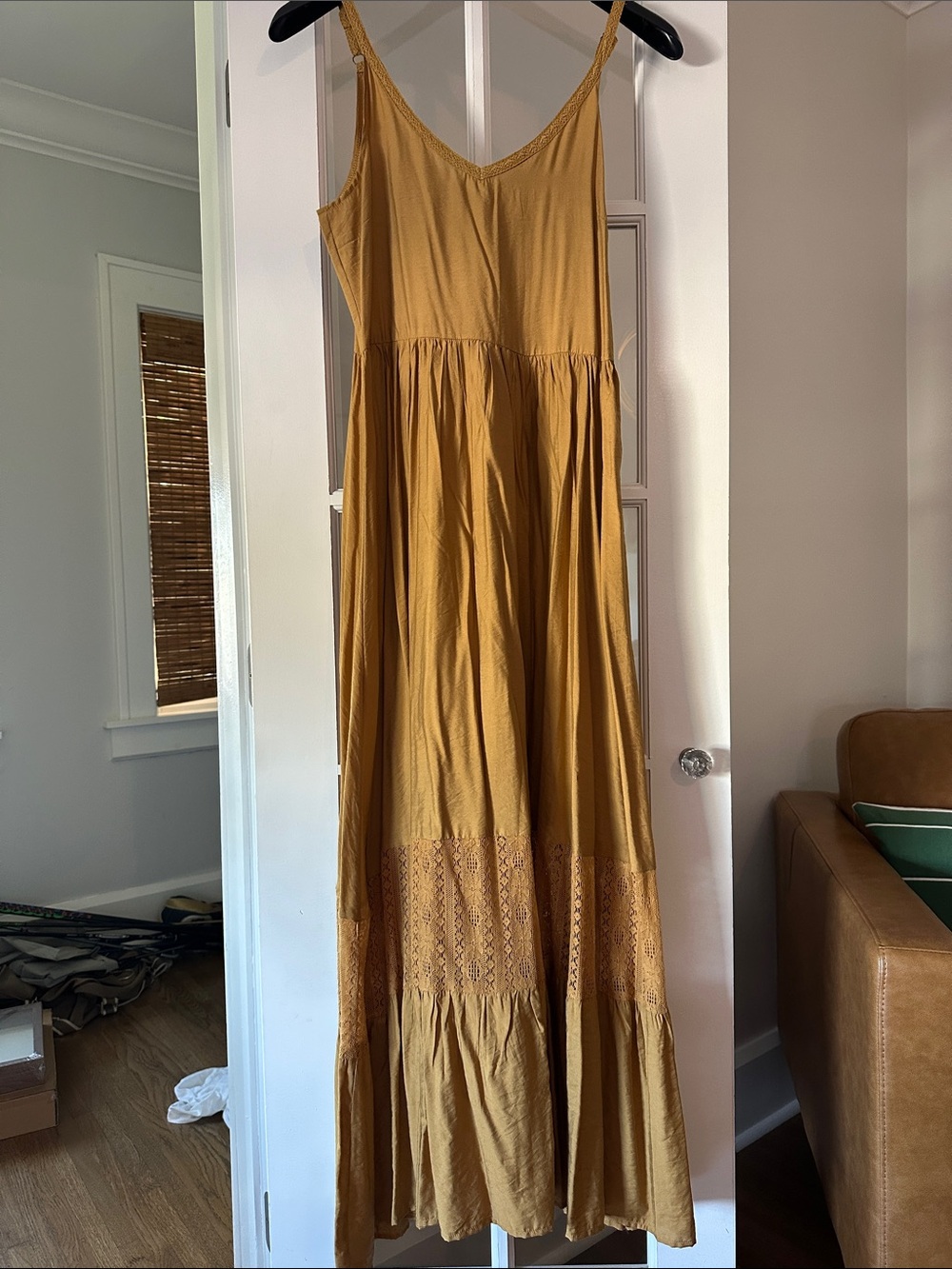 Mia Joy by Joyfolie Mustard Tiered Maxi Dress with Lace Trim